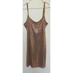 Bebe Sequin Mini Dress Womens Medium Tan Gold Lined Spaghetti Strap Glitzy Glam